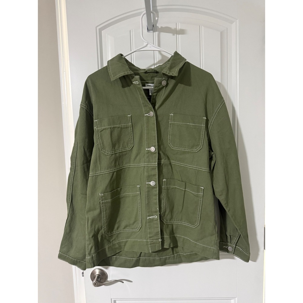 Better Together Olive Green Utility Chore Jacket White Contrast Stitch